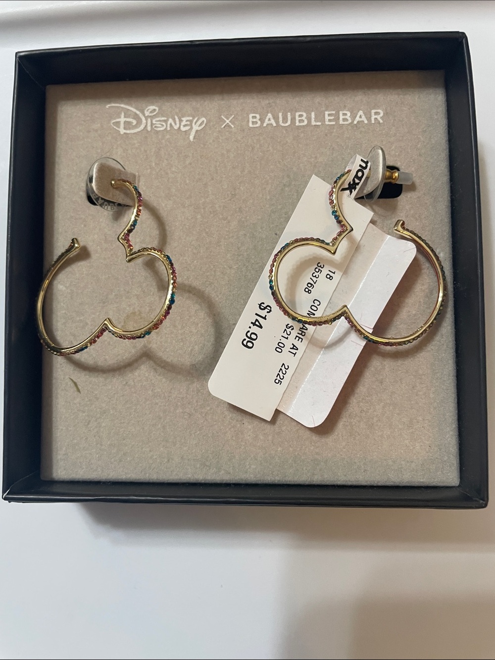BaubleBar Gold Mickey Hoop pierced Earrings w Multicolor Stones NWT super cute